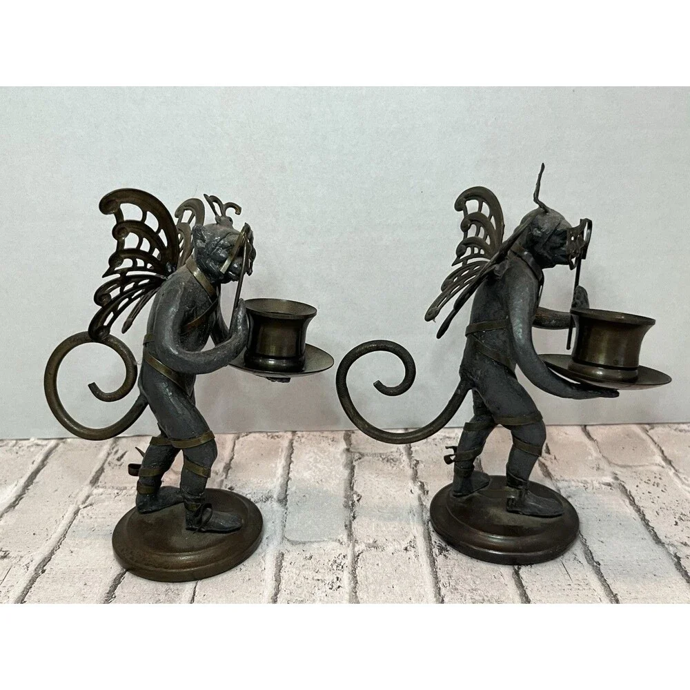2 “Petites Choses” Pewter & Brass Flying Monkey Candle Holders Comedy & Tragedy